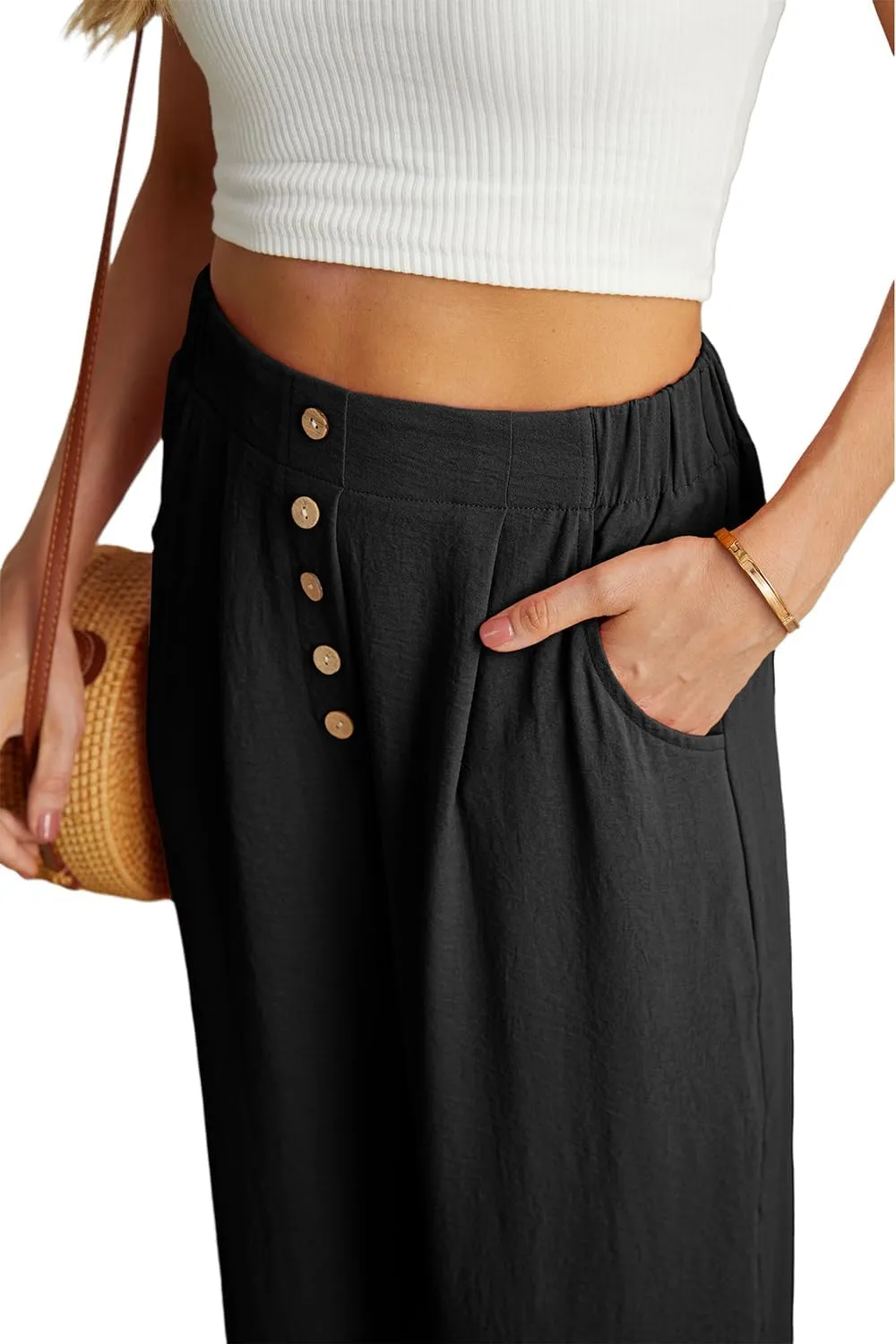 GRECERELLE Women Palazzo Pants Wide Leg Flowy Pants High Waist Casual Button Long Lounge Pant Trousers with Pocket