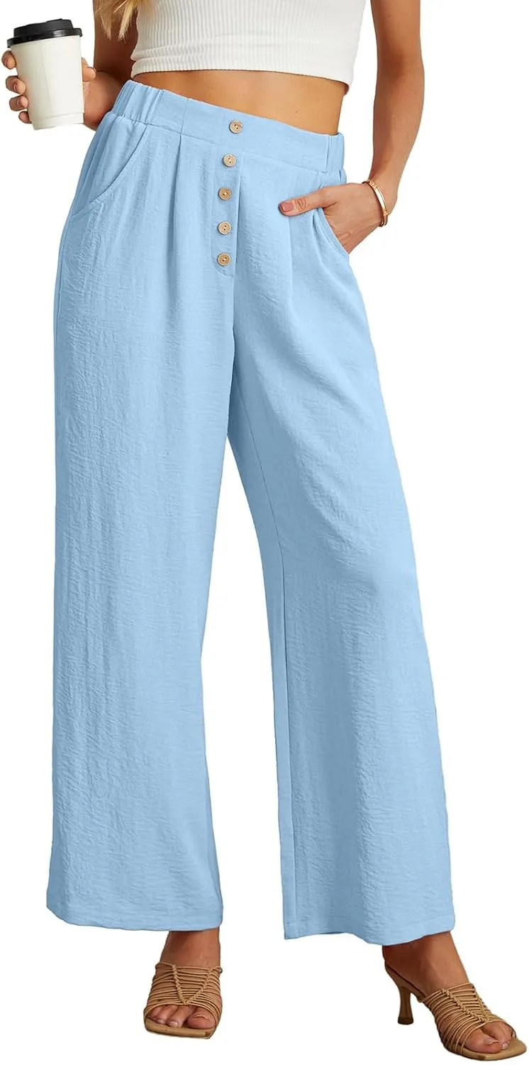 GRECERELLE Women Palazzo Pants Wide Leg Flowy Pants High Waist Casual Button Long Lounge Pant Trousers with Pocket