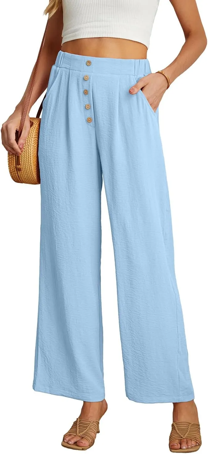 GRECERELLE Women Palazzo Pants Wide Leg Flowy Pants High Waist Casual Button Long Lounge Pant Trousers with Pocket