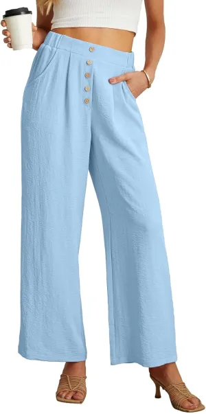 GRECERELLE Women Palazzo Pants Wide Leg Flowy Pants High Waist Casual Button Long Lounge Pant Trousers with Pocket