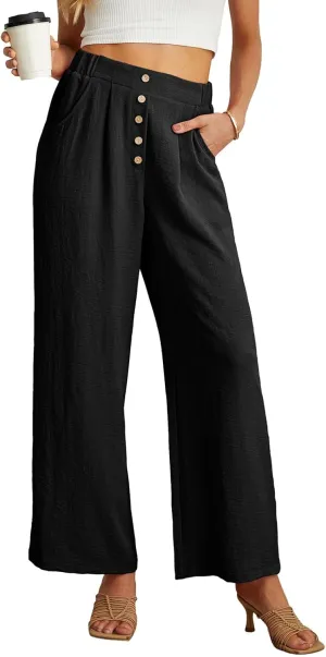 GRECERELLE Women Palazzo Pants Wide Leg Flowy Pants High Waist Casual Button Long Lounge Pant Trousers with Pocket
