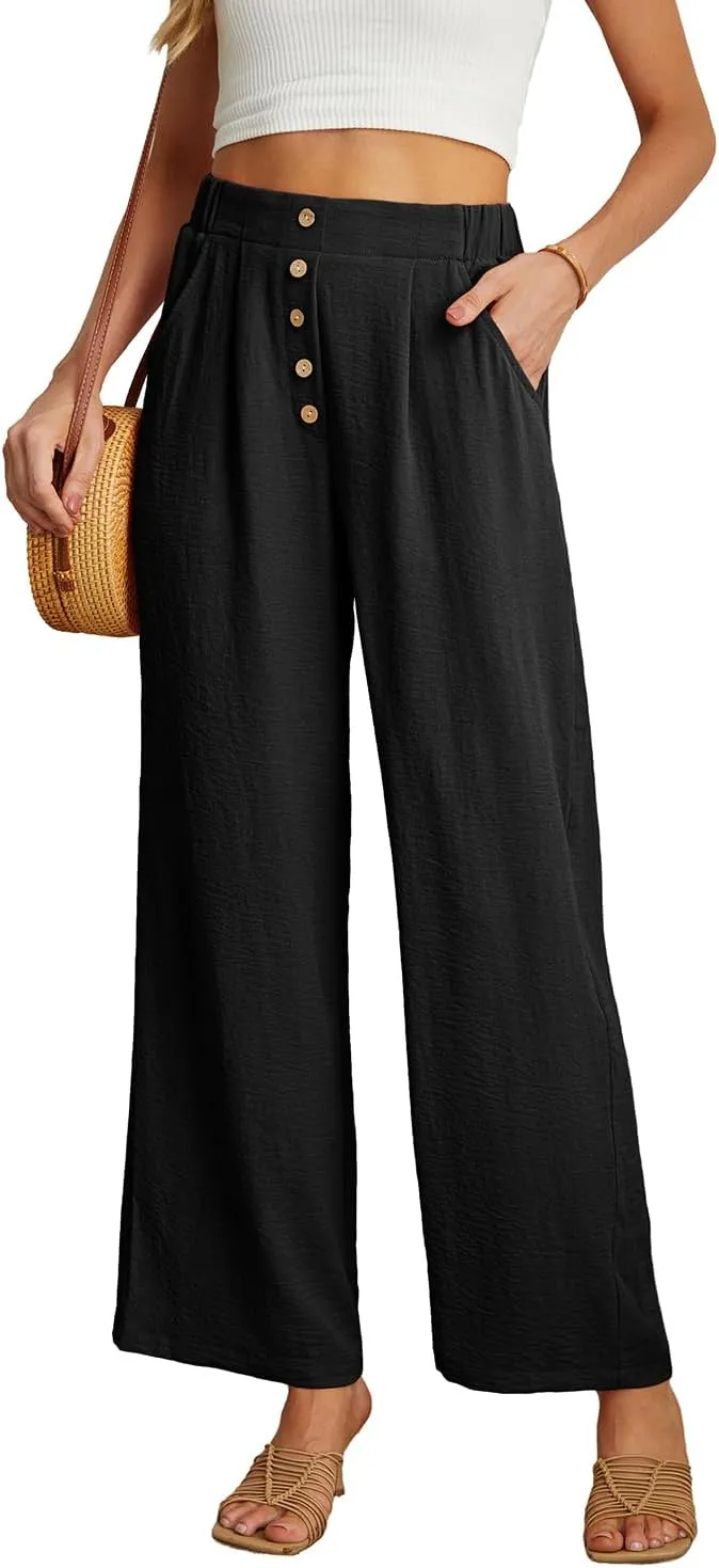 GRECERELLE Women Palazzo Pants Wide Leg Flowy Pants High Waist Casual Button Long Lounge Pant Trousers with Pocket
