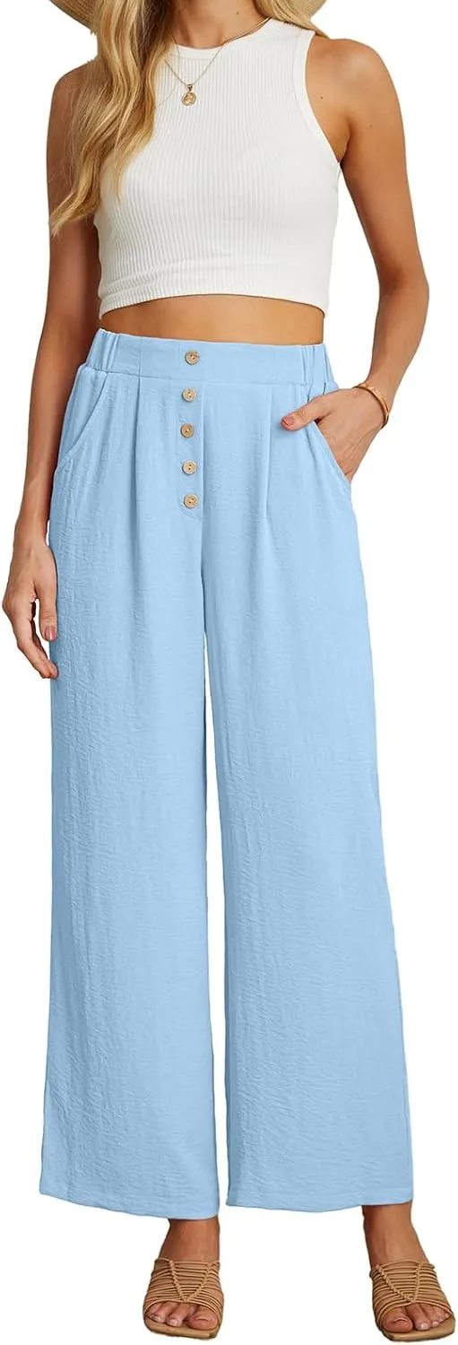 GRECERELLE Women Palazzo Pants Wide Leg Flowy Pants High Waist Casual Button Long Lounge Pant Trousers with Pocket