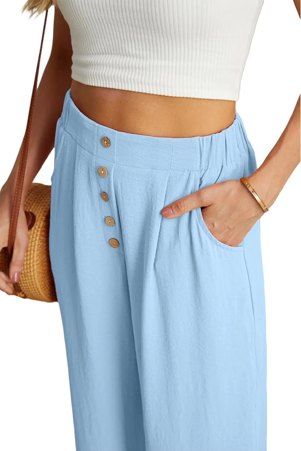 GRECERELLE Women Palazzo Pants Wide Leg Flowy Pants High Waist Casual Button Long Lounge Pant Trousers with Pocket