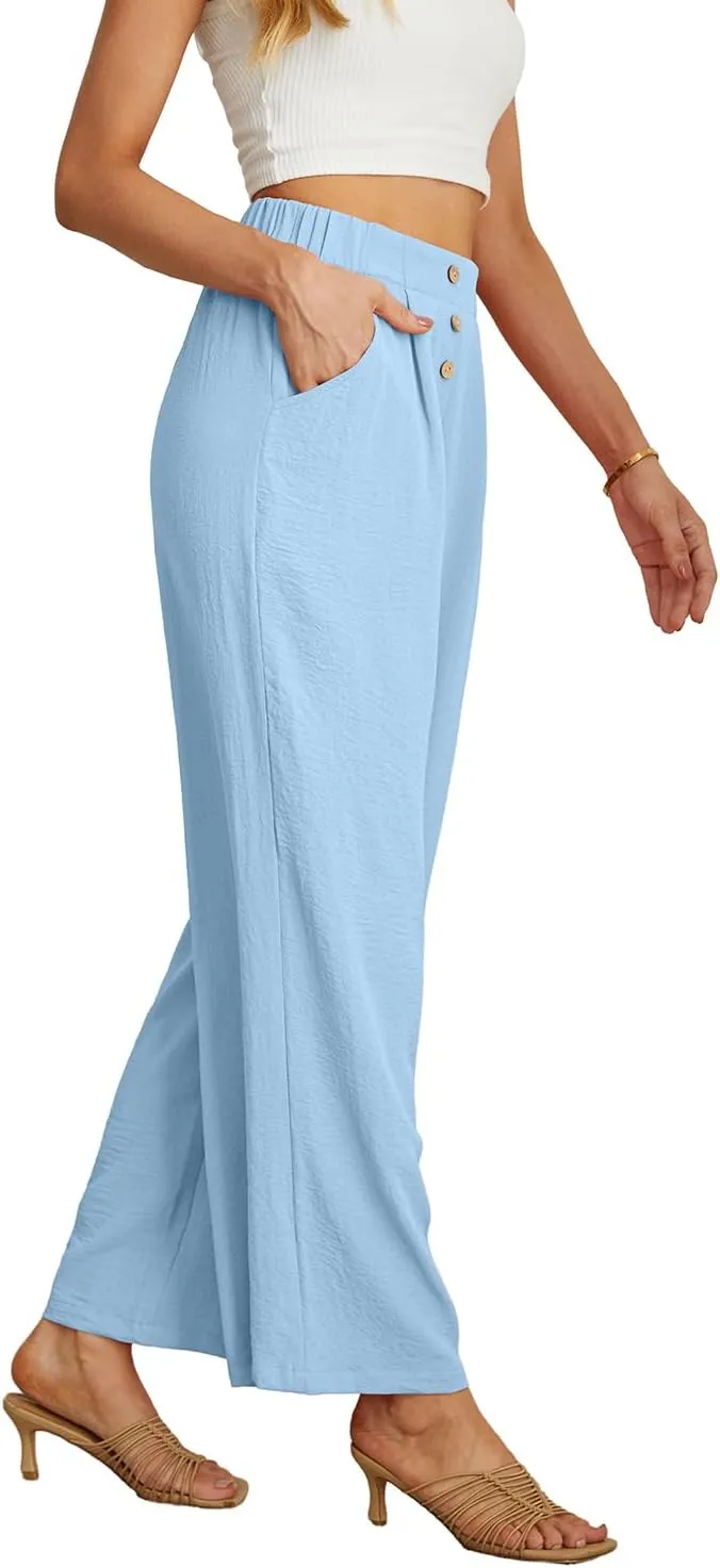 GRECERELLE Women Palazzo Pants Wide Leg Flowy Pants High Waist Casual Button Long Lounge Pant Trousers with Pocket