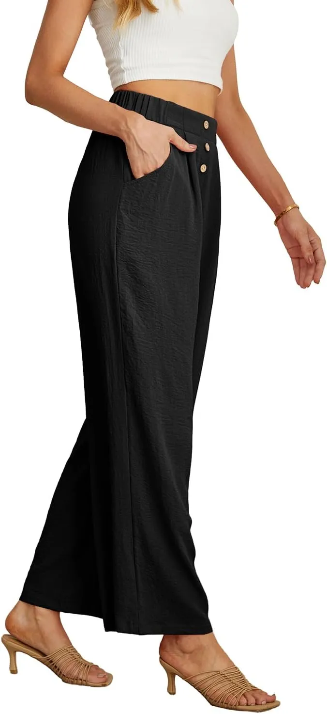 GRECERELLE Women Palazzo Pants Wide Leg Flowy Pants High Waist Casual Button Long Lounge Pant Trousers with Pocket
