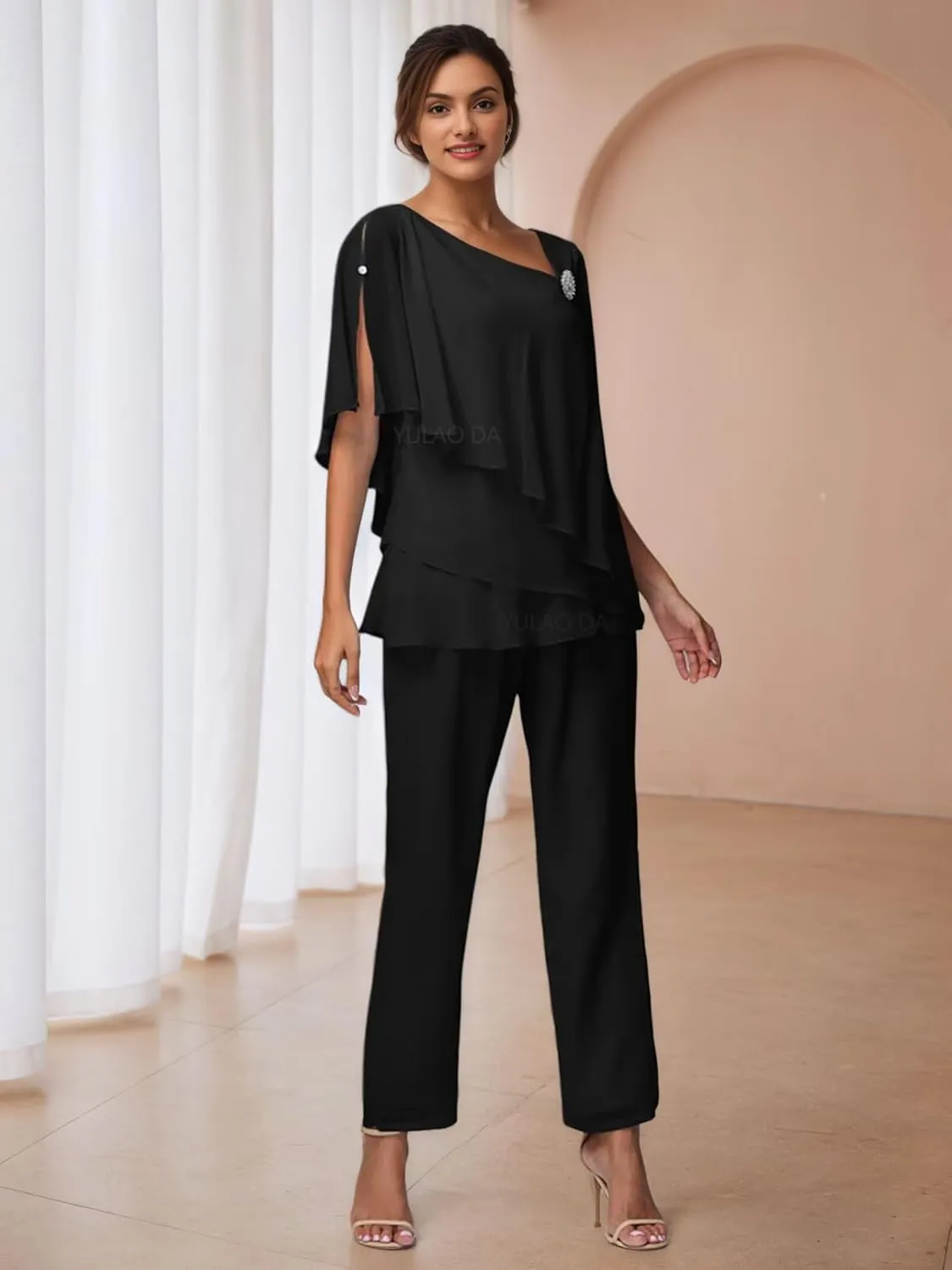 Half Sleeve Mother of The Bride Pant Suits for Women Dressy 2 pcs Tiered Formal Pantsuits for Wedding Guest 2025
