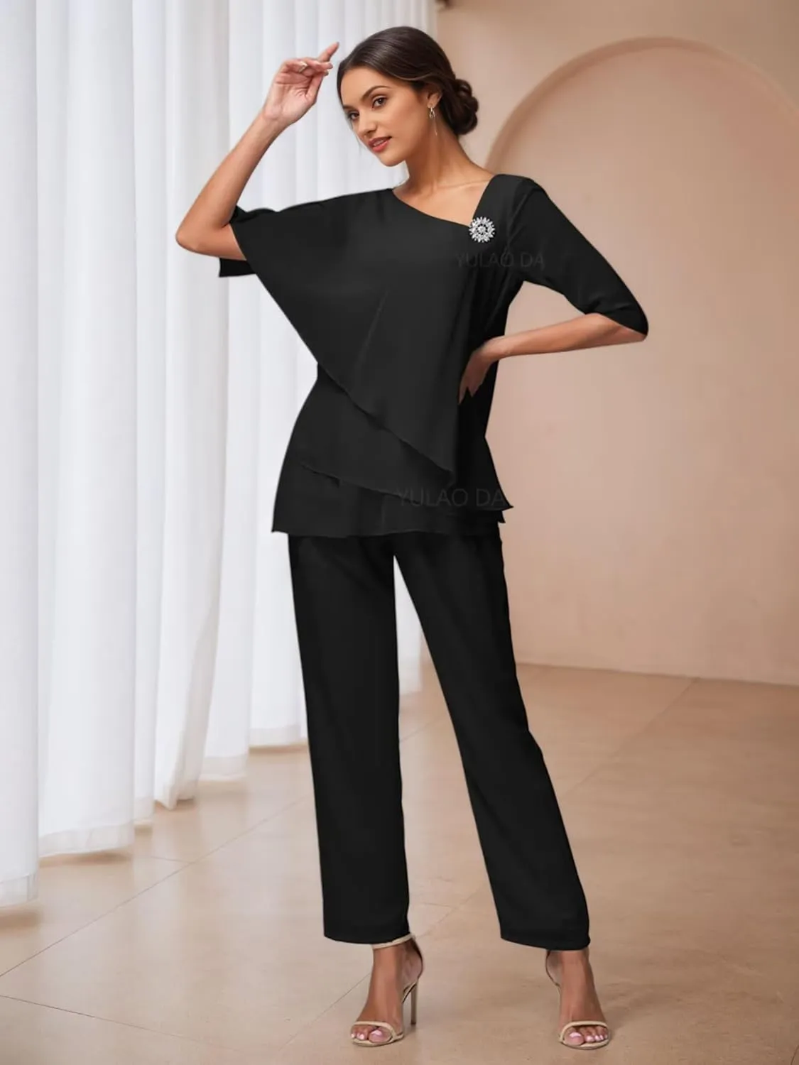 Half Sleeve Mother of The Bride Pant Suits for Women Dressy 2 pcs Tiered Formal Pantsuits for Wedding Guest 2025