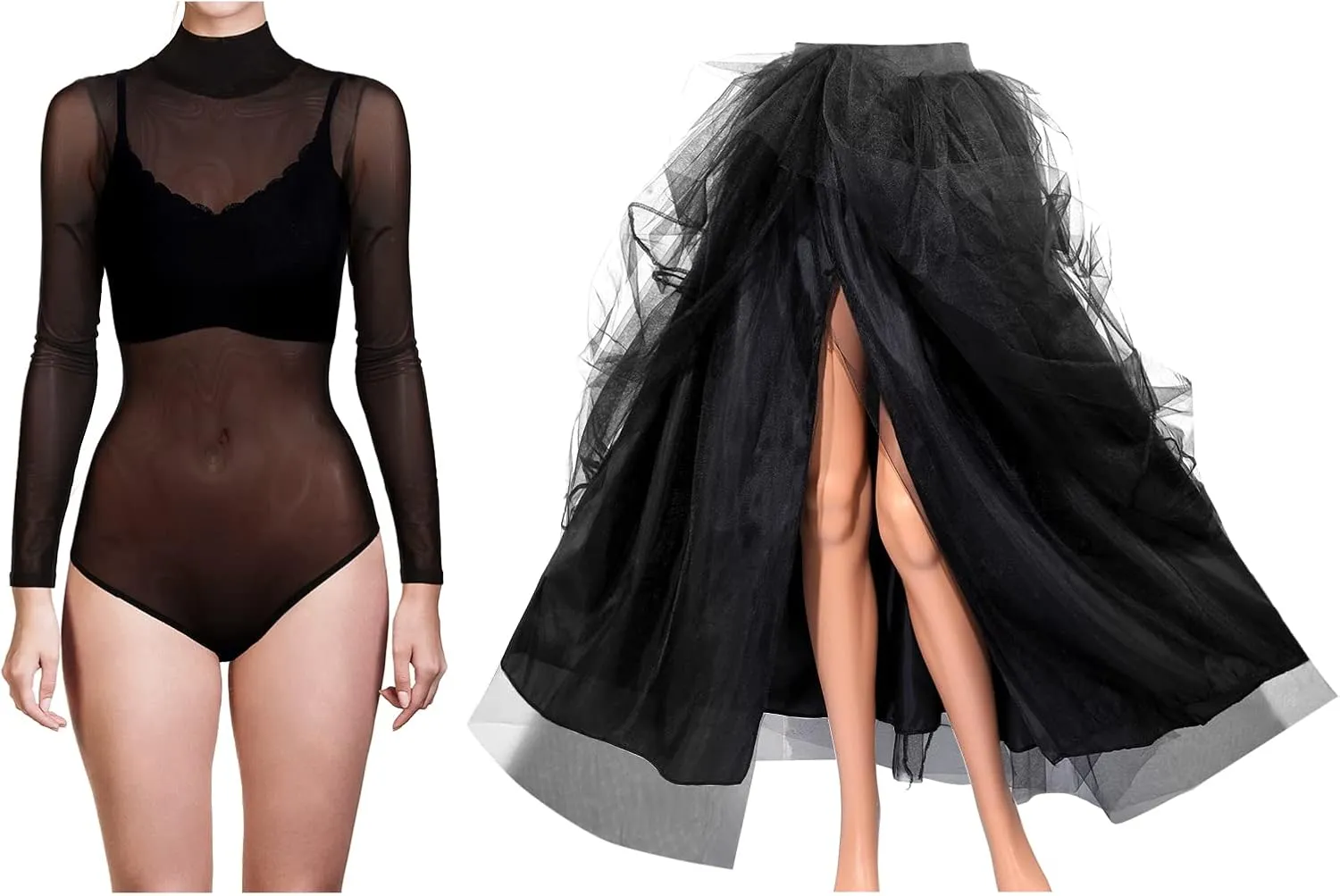 Halloween Costume Set for Women Long Sleeves Sheer Mesh Bodysuit Tops and High Waist Tulle Maxi Skirt