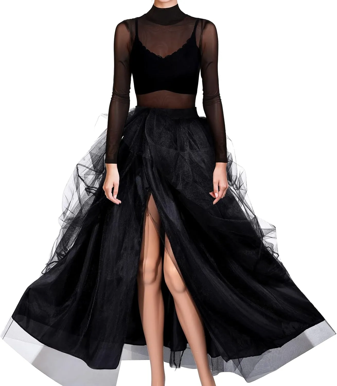 Halloween Costume Set for Women Long Sleeves Sheer Mesh Bodysuit Tops and High Waist Tulle Maxi Skirt