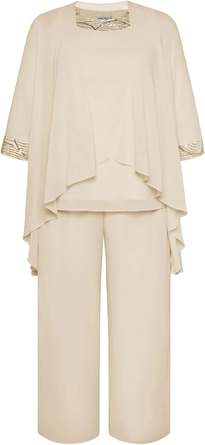 Hanna Nikole Plus Size Mother of The Bride Pant Suits 3 Piece Chiffon Sets Wedding Guest Gowns Formal Outfits with Jacket