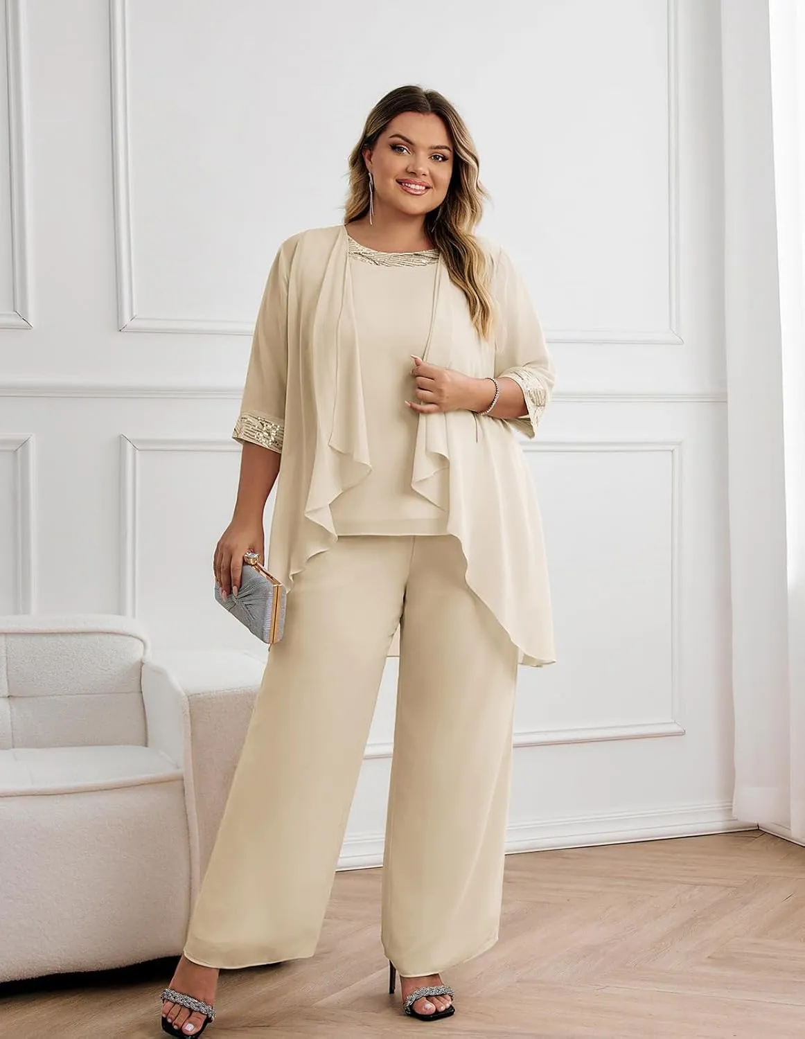 Hanna Nikole Plus Size Mother of The Bride Pant Suits 3 Piece Chiffon Sets Wedding Guest Gowns Formal Outfits with Jacket