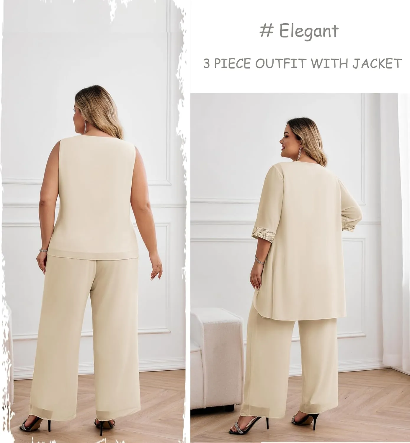 Hanna Nikole Plus Size Mother of The Bride Pant Suits 3 Piece Chiffon Sets Wedding Guest Gowns Formal Outfits with Jacket