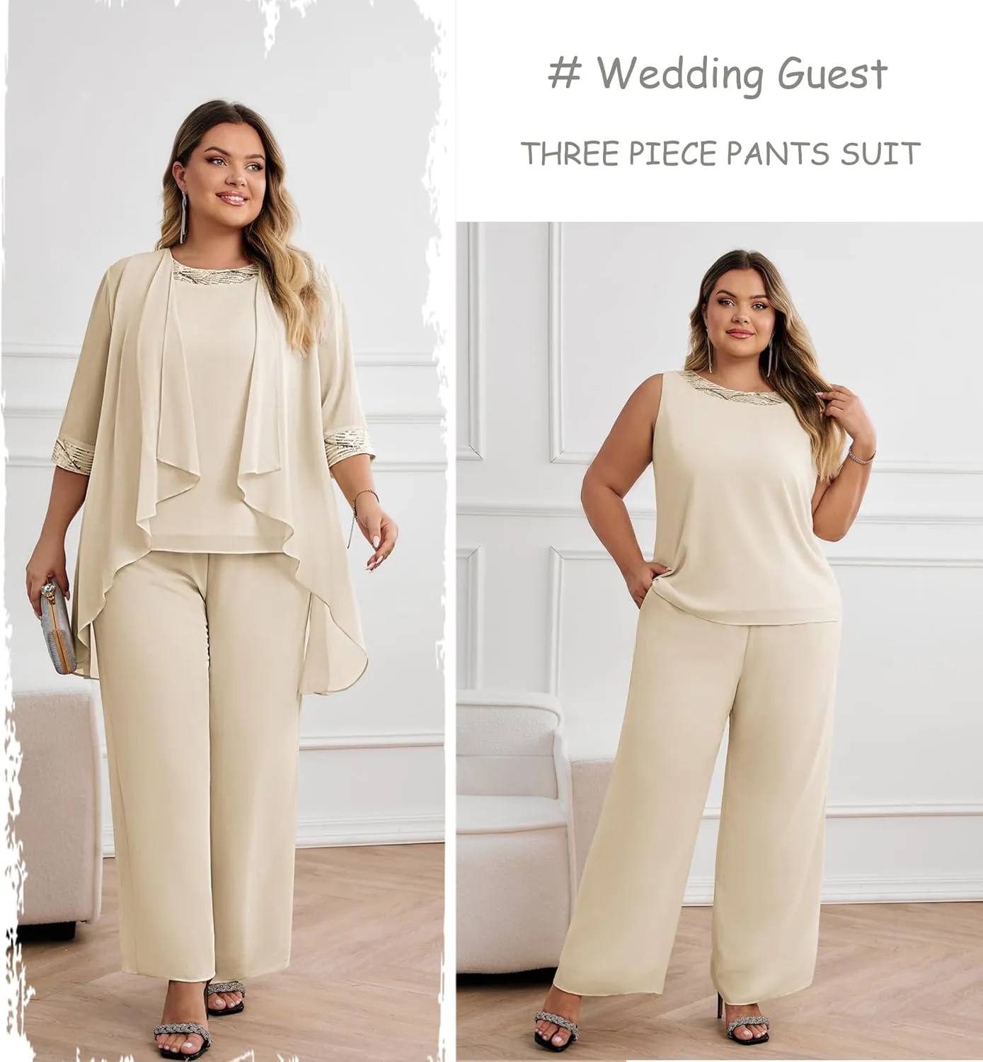 Hanna Nikole Plus Size Mother of The Bride Pant Suits 3 Piece Chiffon Sets Wedding Guest Gowns Formal Outfits with Jacket