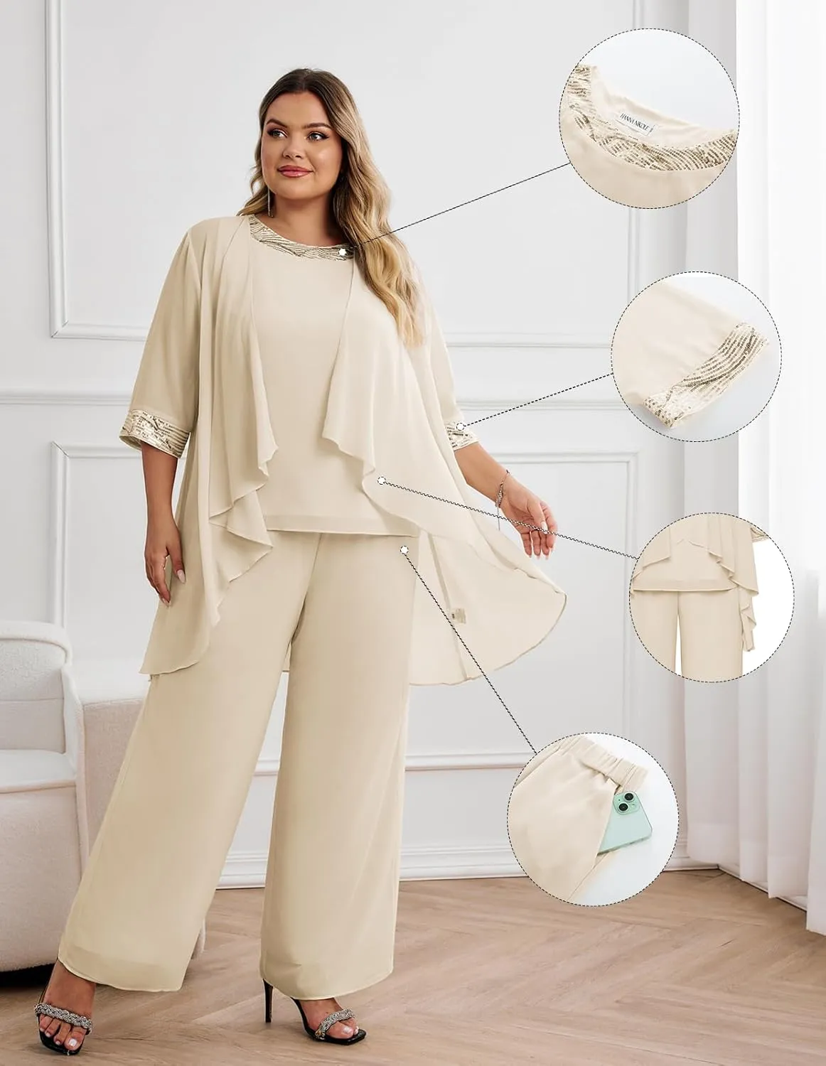 Hanna Nikole Plus Size Mother of The Bride Pant Suits 3 Piece Chiffon Sets Wedding Guest Gowns Formal Outfits with Jacket