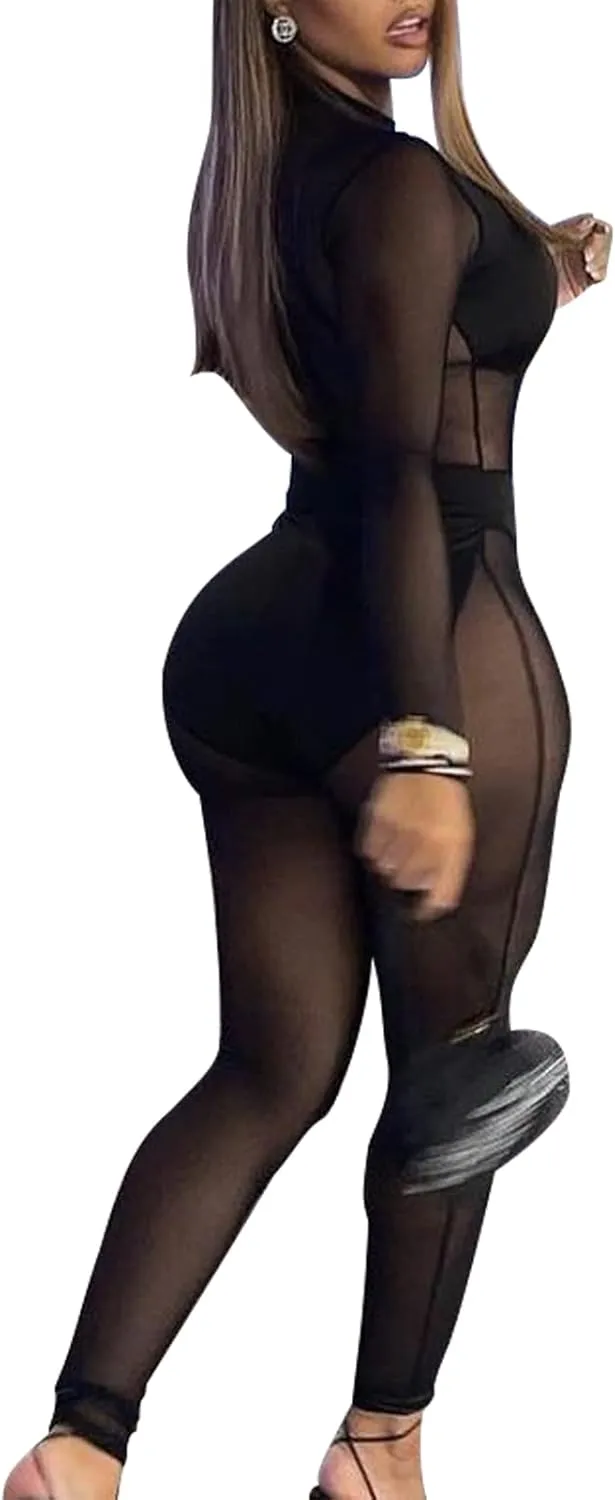 hibshaby Sexy Mesh Black Leopard Jumpsuits for Women Bodycon Outfits Streetwear Rompers