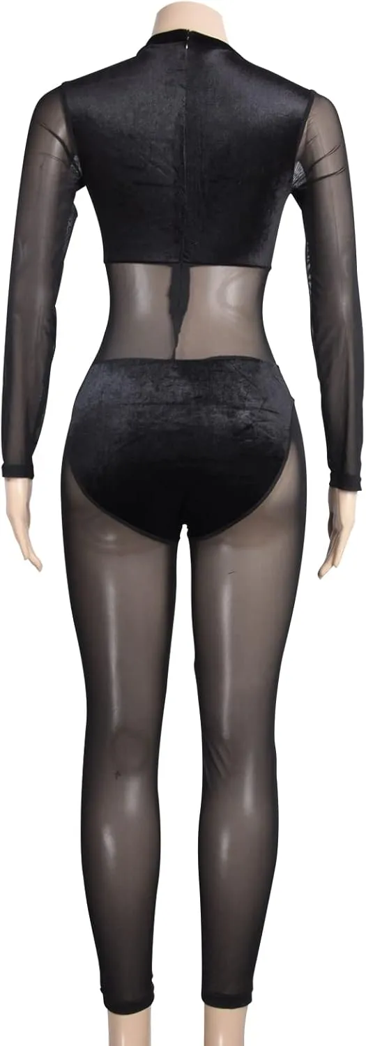 hibshaby Sexy Mesh Black Leopard Jumpsuits for Women Bodycon Outfits Streetwear Rompers