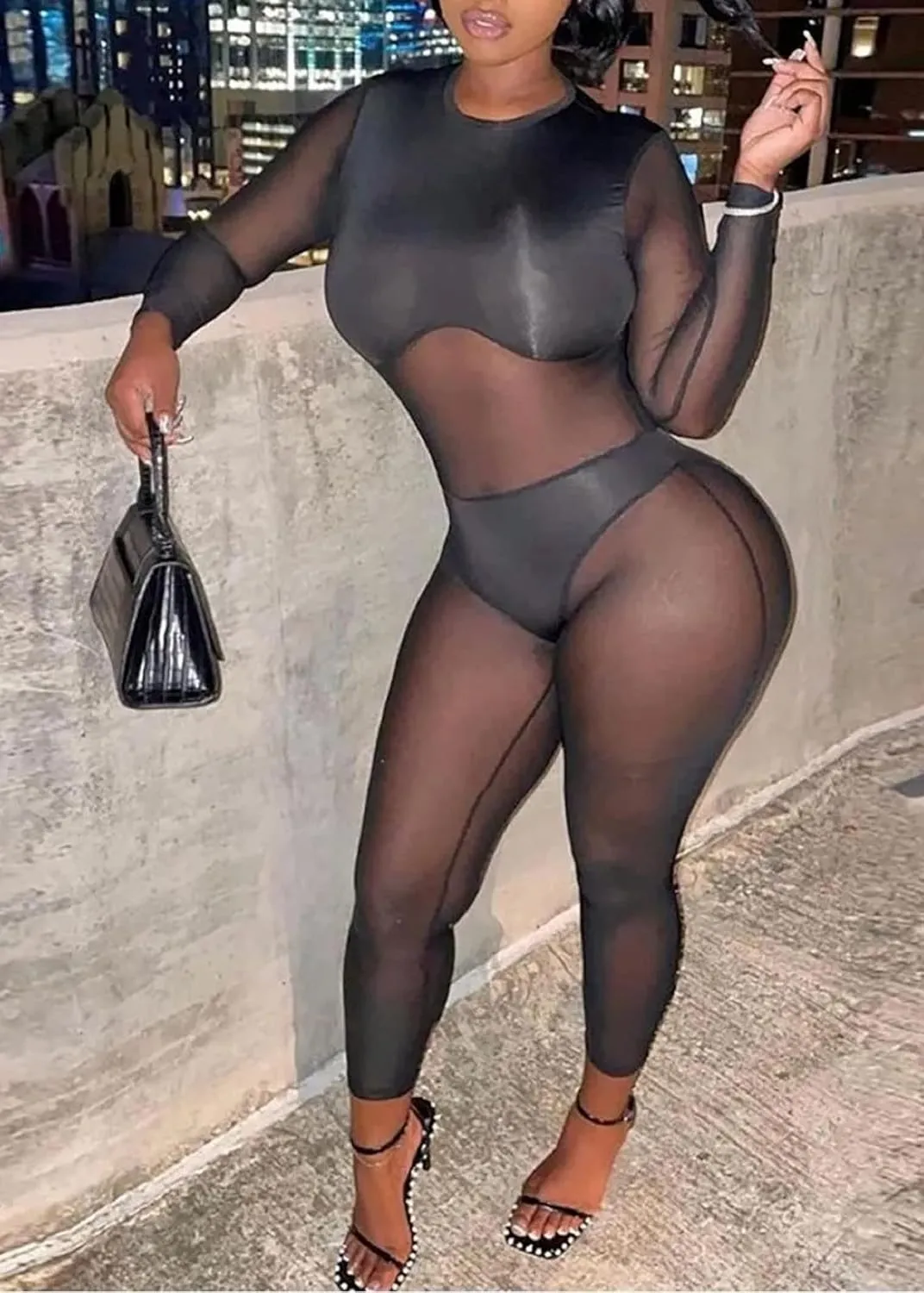 hibshaby Sexy Mesh Black Leopard Jumpsuits for Women Bodycon Outfits Streetwear Rompers