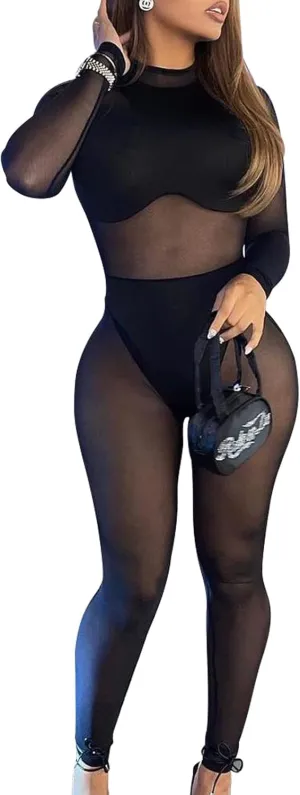 hibshaby Sexy Mesh Black Leopard Jumpsuits for Women Bodycon Outfits Streetwear Rompers
