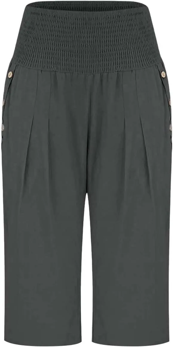 High Waisted Capri Pants for Women Linen Trendy Wide Leg Summer Loose Comfy Casual Palazzo Trousers with Pockets