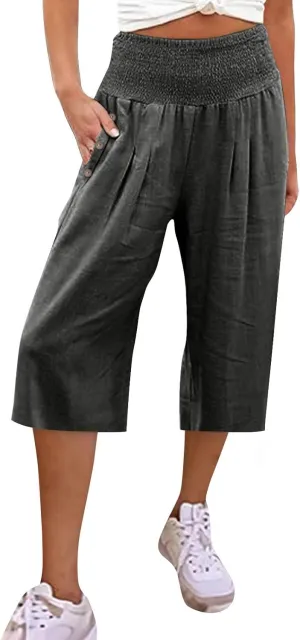 High Waisted Capri Pants for Women Linen Trendy Wide Leg Summer Loose Comfy Casual Palazzo Trousers with Pockets