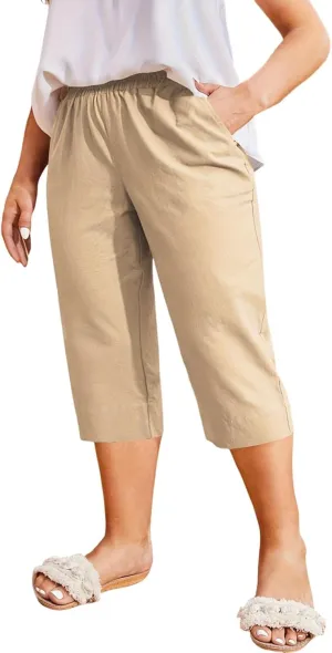 High Waisted Cotton Linen Capri Pants Women - Plus Size High Rise Breathable Trousers with Pocket for Summer Beach