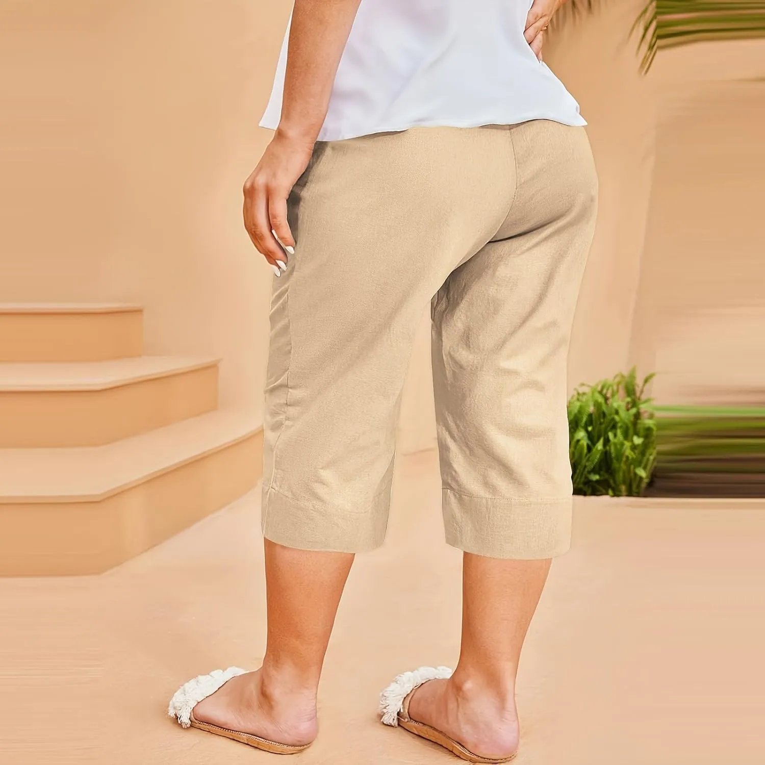 High Waisted Cotton Linen Capri Pants Women - Plus Size High Rise Breathable Trousers with Pocket for Summer Beach