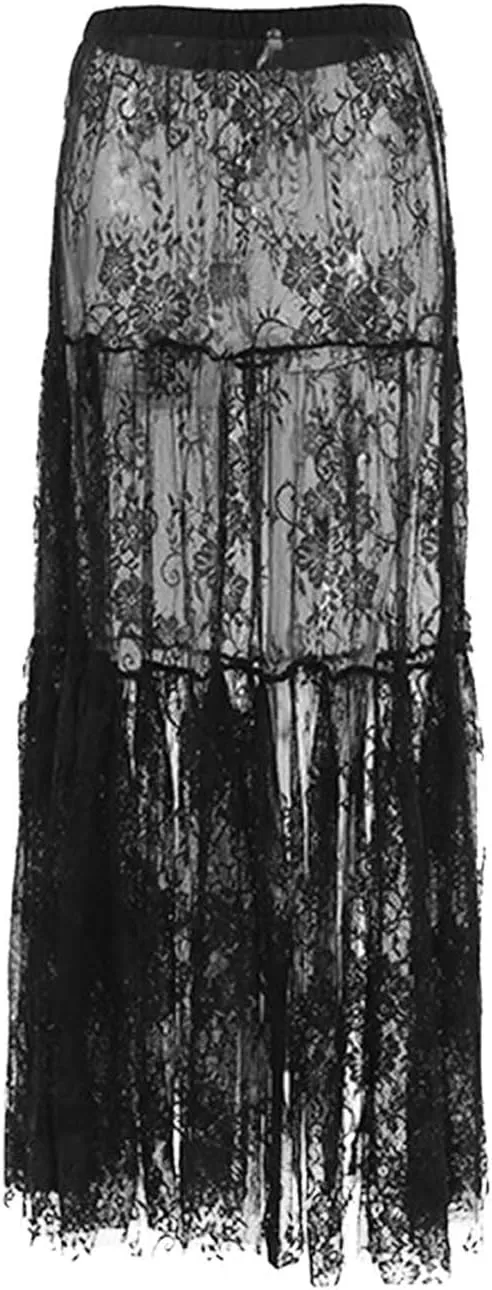 High Waisted Lace Hollow Out Midi Skirt Womens Vintage Sheer Pleated Overlay Dress Sexy Outfit