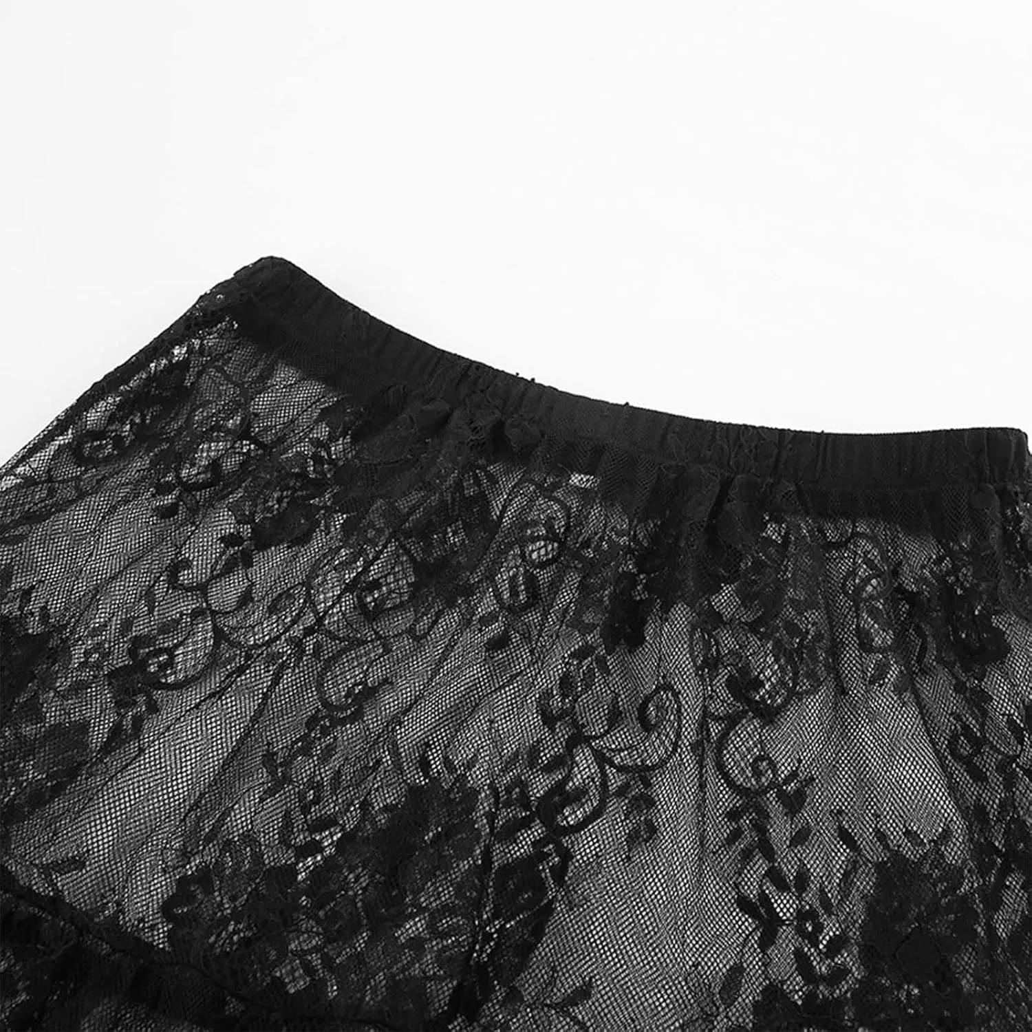 High Waisted Lace Hollow Out Midi Skirt Womens Vintage Sheer Pleated Overlay Dress Sexy Outfit