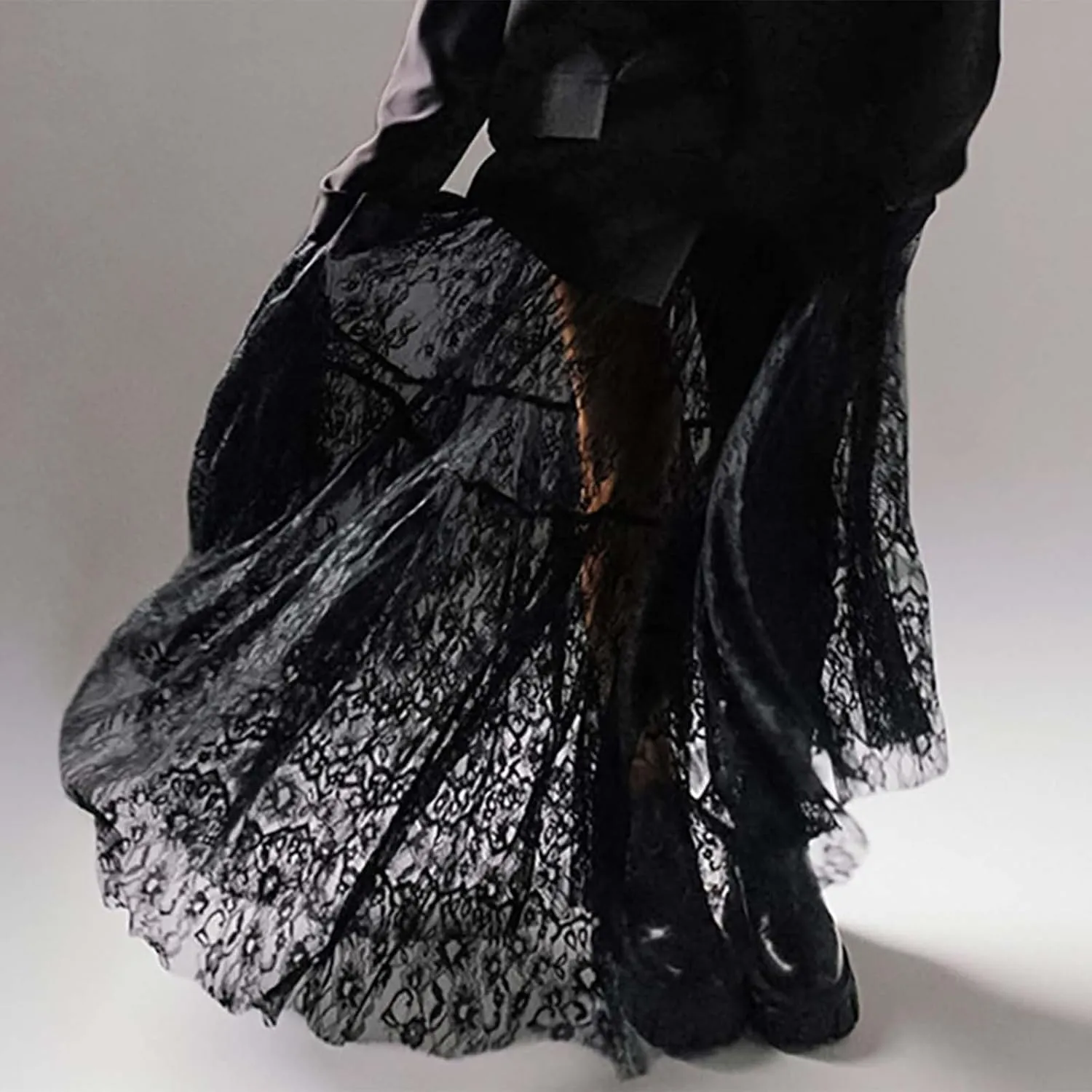 High Waisted Lace Hollow Out Midi Skirt Womens Vintage Sheer Pleated Overlay Dress Sexy Outfit