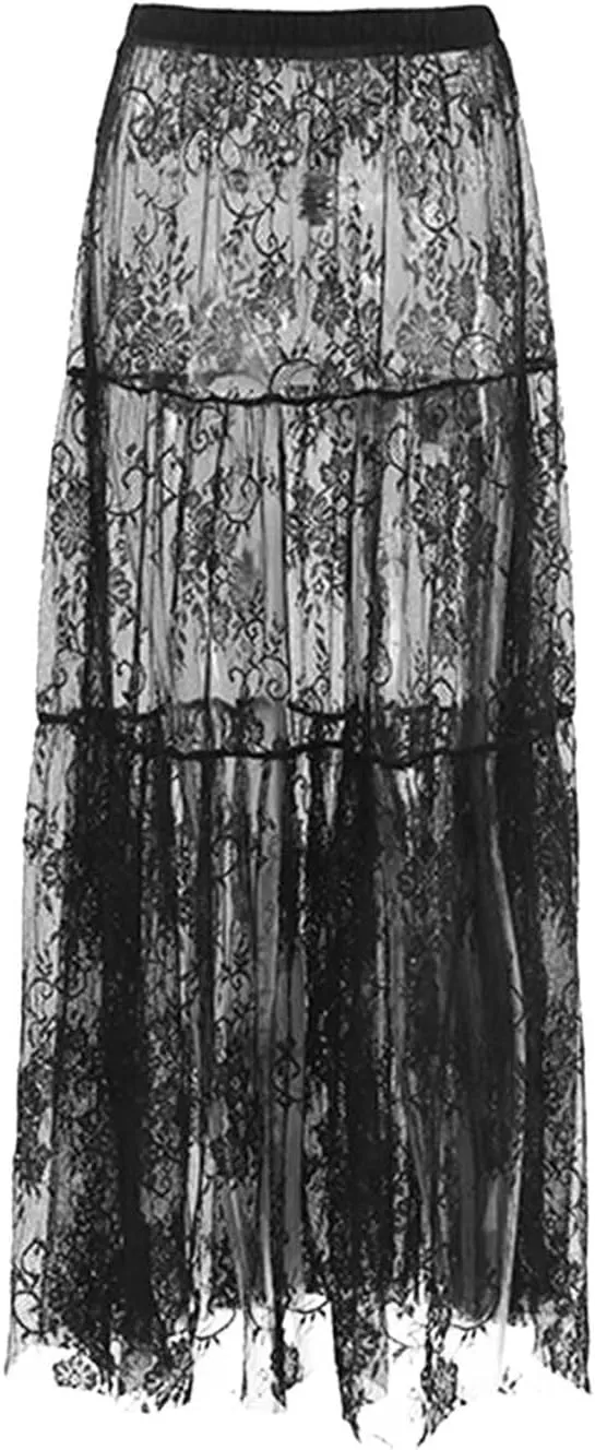 High Waisted Lace Hollow Out Midi Skirt Womens Vintage Sheer Pleated Overlay Dress Sexy Outfit