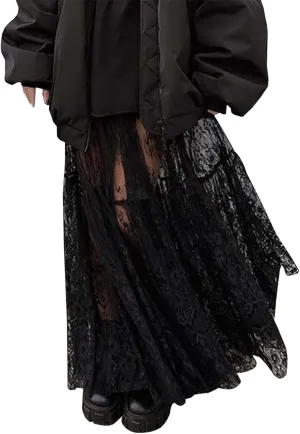 High Waisted Lace Hollow Out Midi Skirt Womens Vintage Sheer Pleated Overlay Dress Sexy Outfit