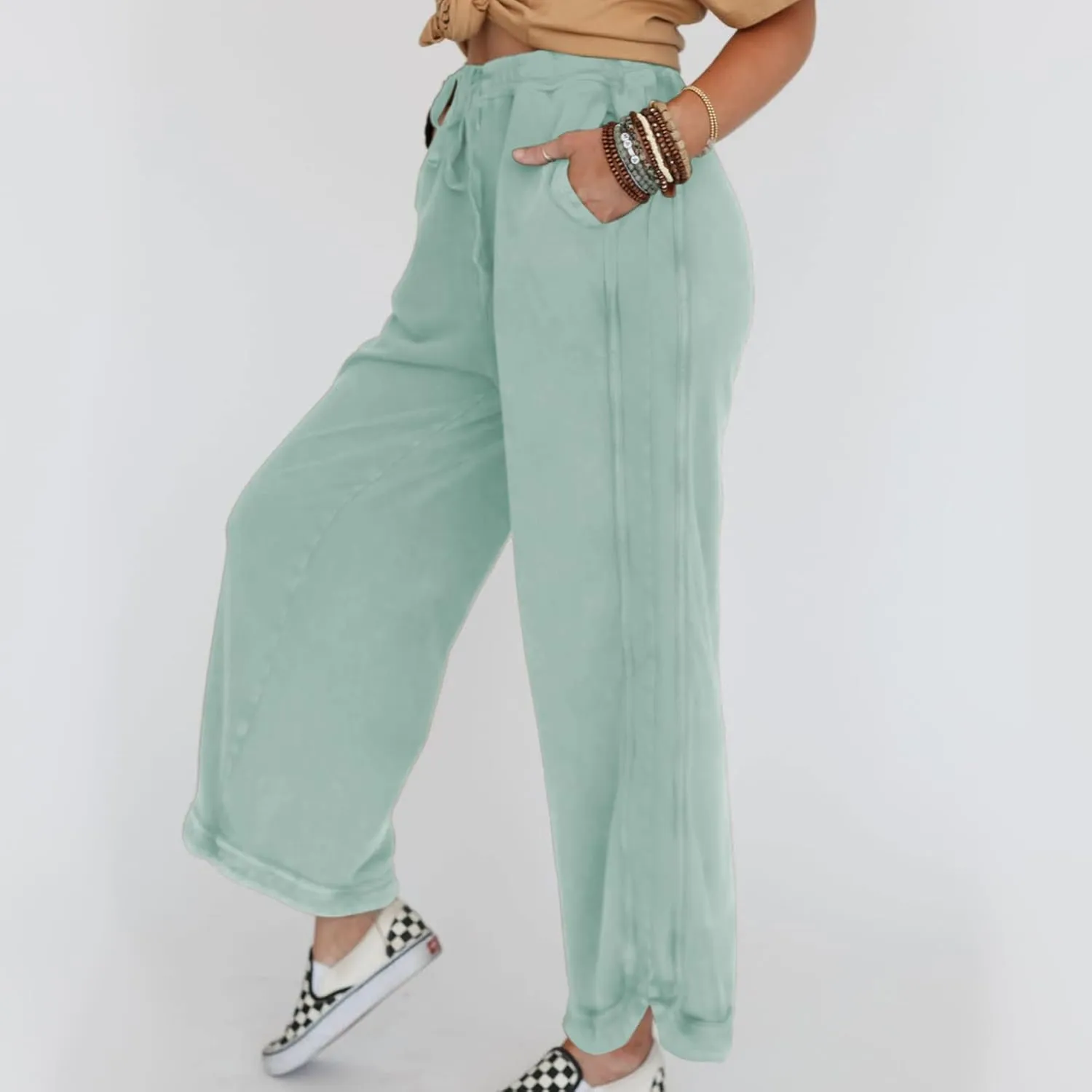 Hixiaohe Women's Casual Wide Leg Sweatpants High Waist Baggy Acid Wash Pants Drawstring Athletic Palazzo Pants with Pockets