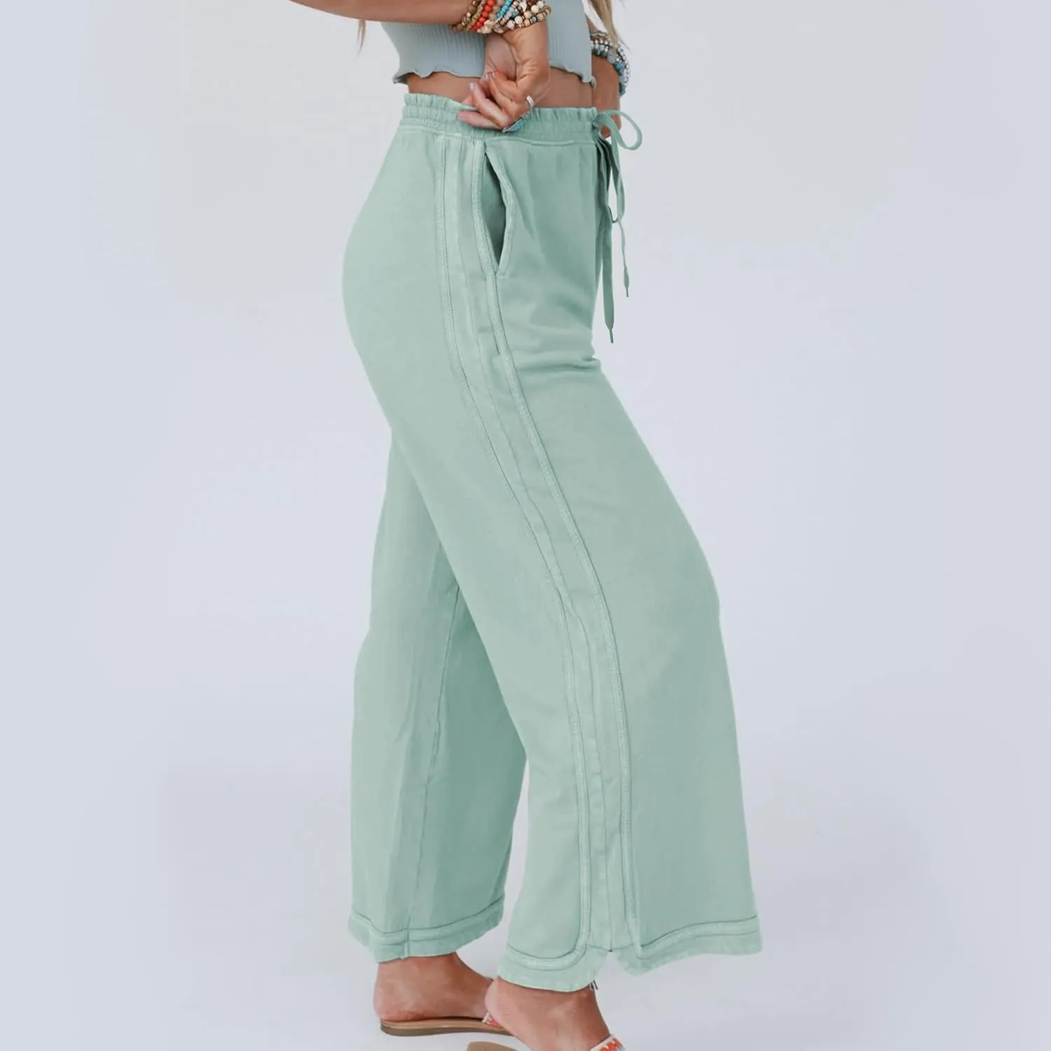 Hixiaohe Women's Casual Wide Leg Sweatpants High Waist Baggy Acid Wash Pants Drawstring Athletic Palazzo Pants with Pockets