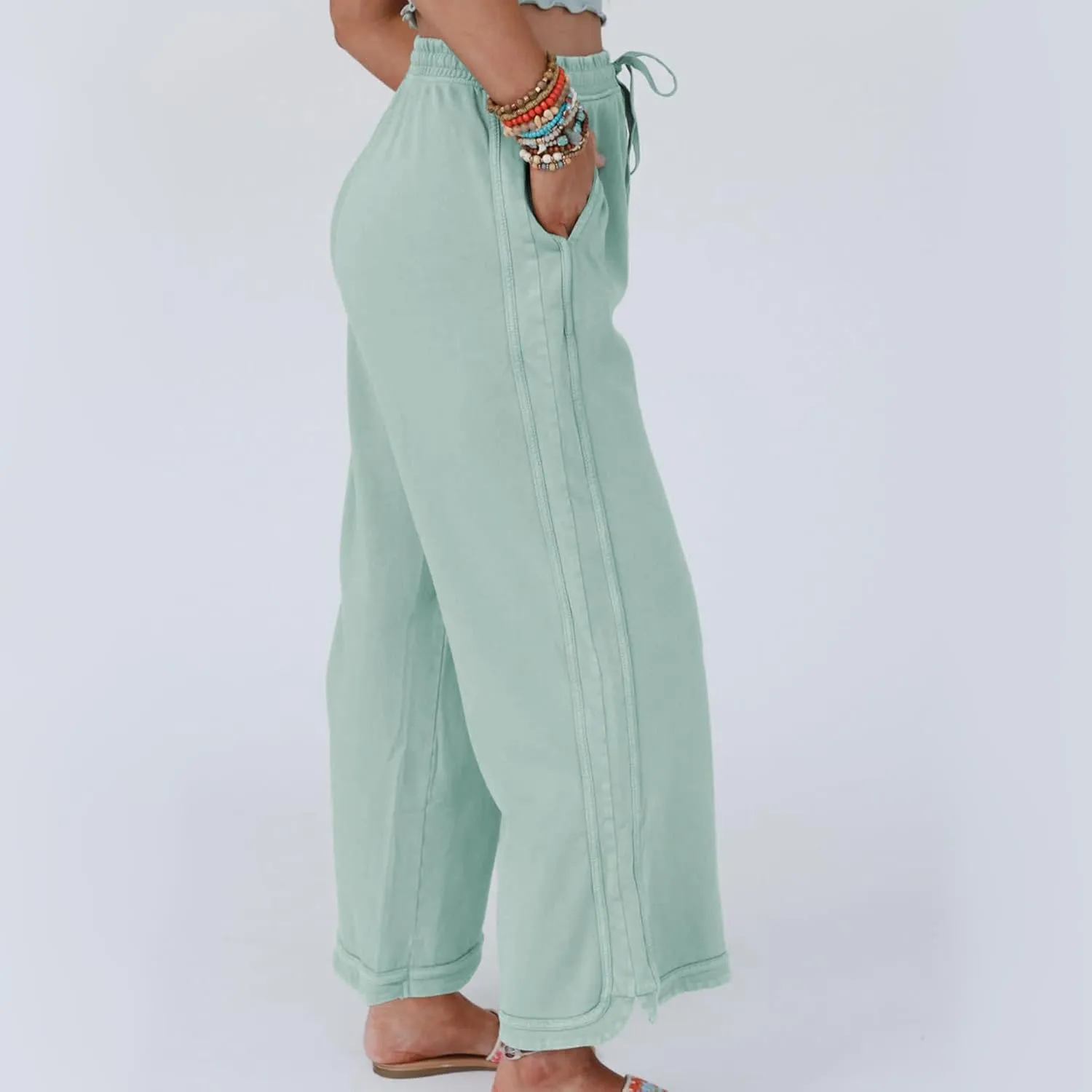 Hixiaohe Women's Casual Wide Leg Sweatpants High Waist Baggy Acid Wash Pants Drawstring Athletic Palazzo Pants with Pockets