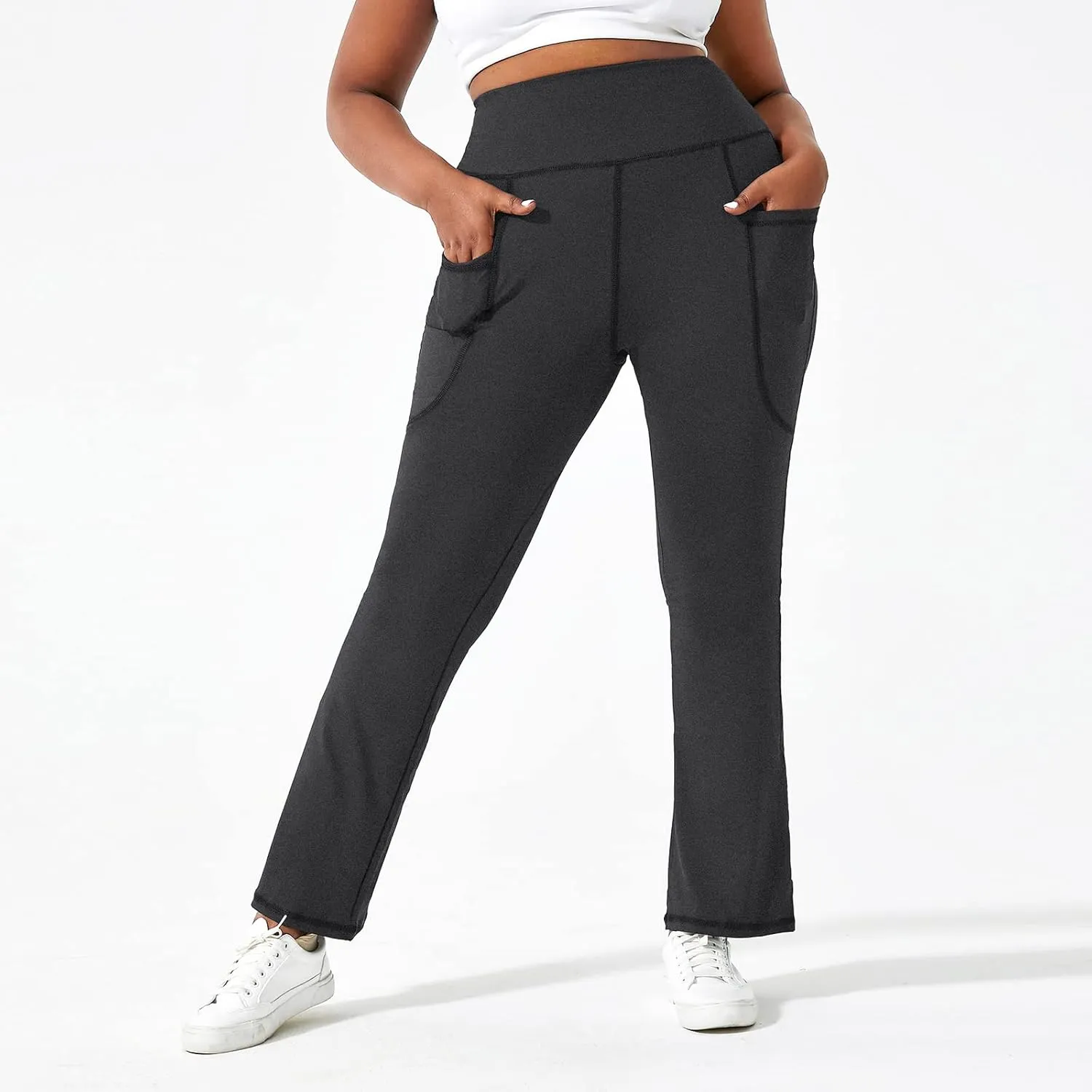 Honwenle Women's Plus Size Bootcut Yoga Pants with Pockets High Waisted Tummy Control Bootleg Flared Wide Leg Pants
