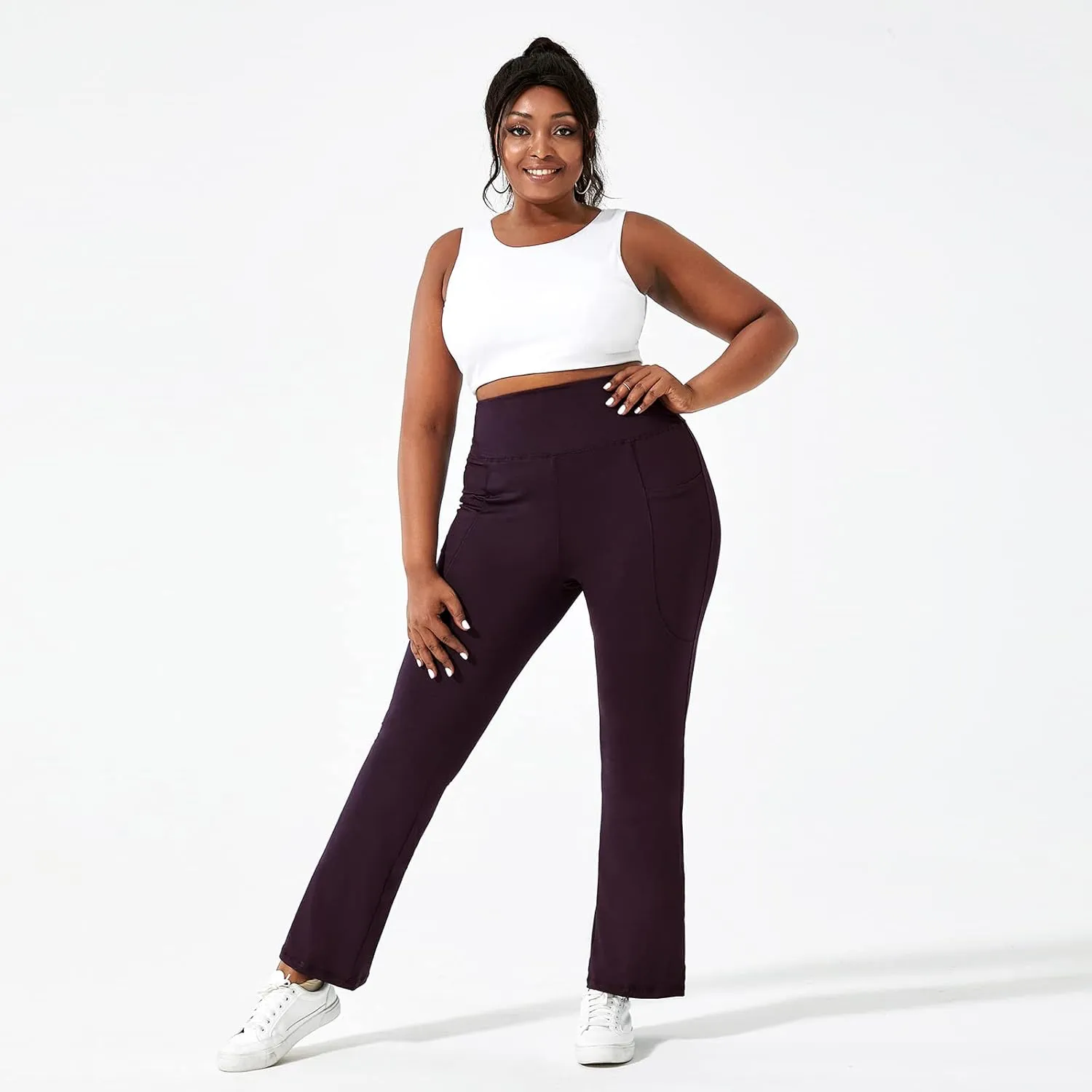 Honwenle Women's Plus Size Bootcut Yoga Pants with Pockets High Waisted Tummy Control Bootleg Flared Wide Leg Pants
