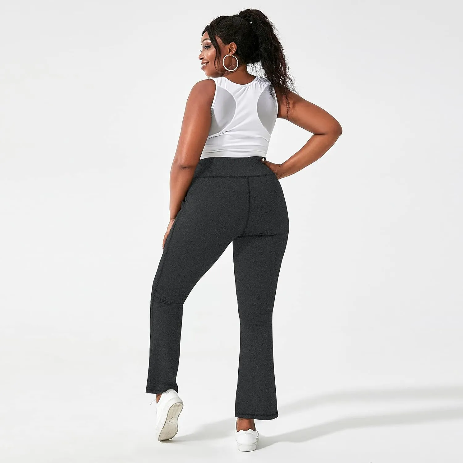 Honwenle Women's Plus Size Bootcut Yoga Pants with Pockets High Waisted Tummy Control Bootleg Flared Wide Leg Pants