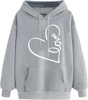 Hoodies for Women Trendy Heart Print Long Sleeve Drawstring Pullover Tops Oversized Casual Sweatshirts with Pocket