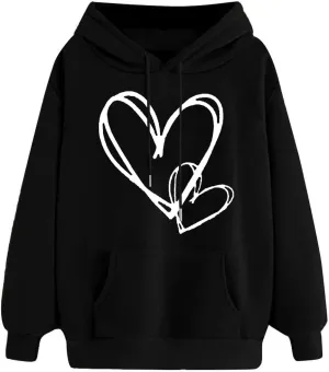 Hoodies for Women Trendy Heart Print Long Sleeve Drawstring Pullover Tops Oversized Casual Sweatshirts with Pocket
