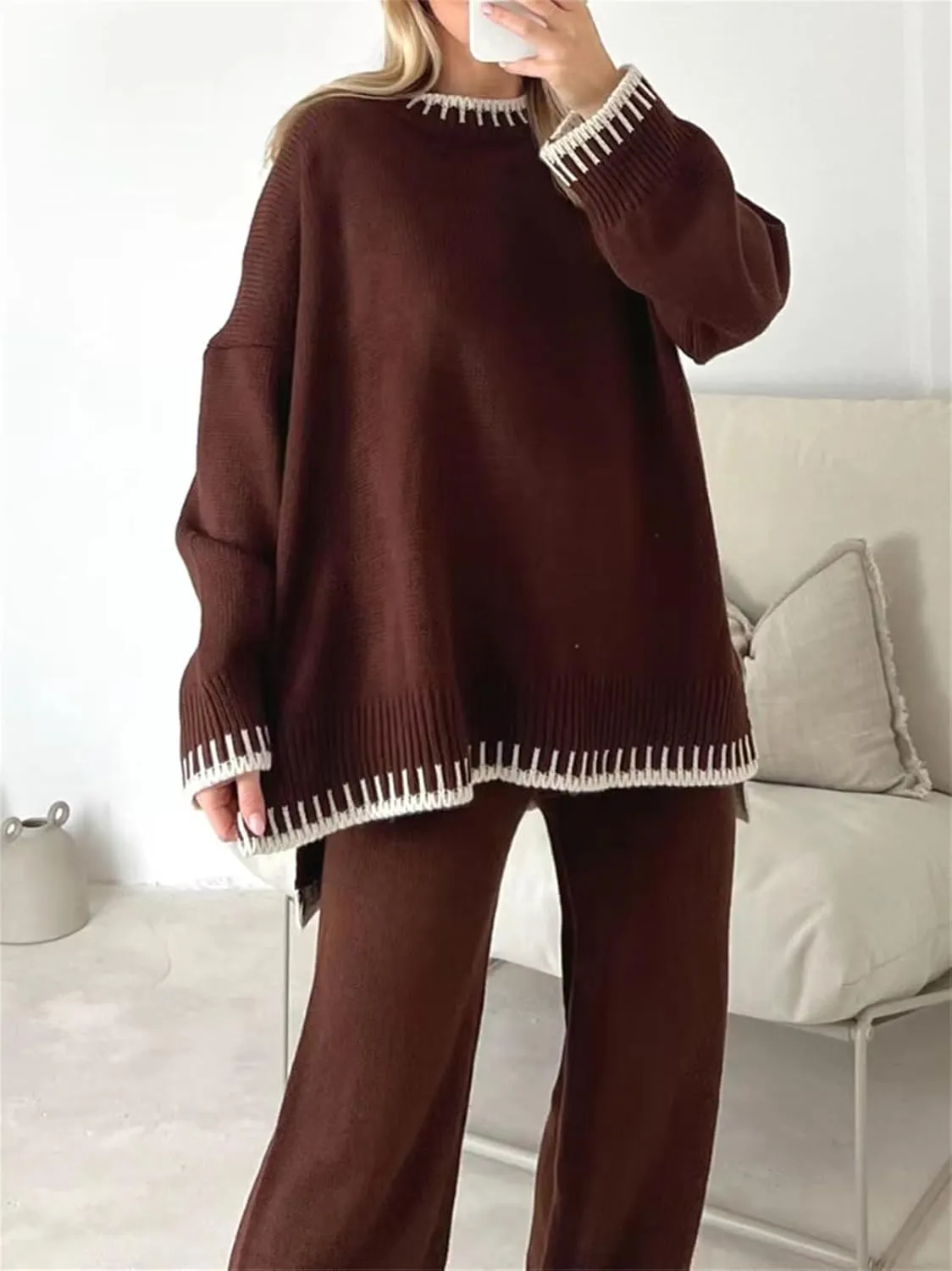 HOULENGS Women's Casual 2 Piece Sweater Sets Long Sleeve Pullover Tops and Wide Leg Pants Loungewear Tracksuits