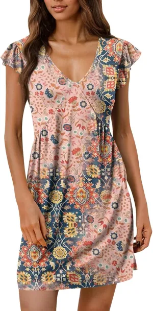 House Dresses for Women Floral Deep V Neck Flowy Western Mini Dress House Ruffle Cap Sleeve Casual Beach Sundresses