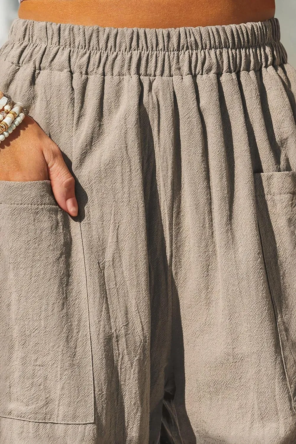 HVEPUO Womens Elastic High Waist Summer Wide Leg Pants Baggy Cotton Casual Palazzo Trousers Pull On Barrel Pants with Pockets