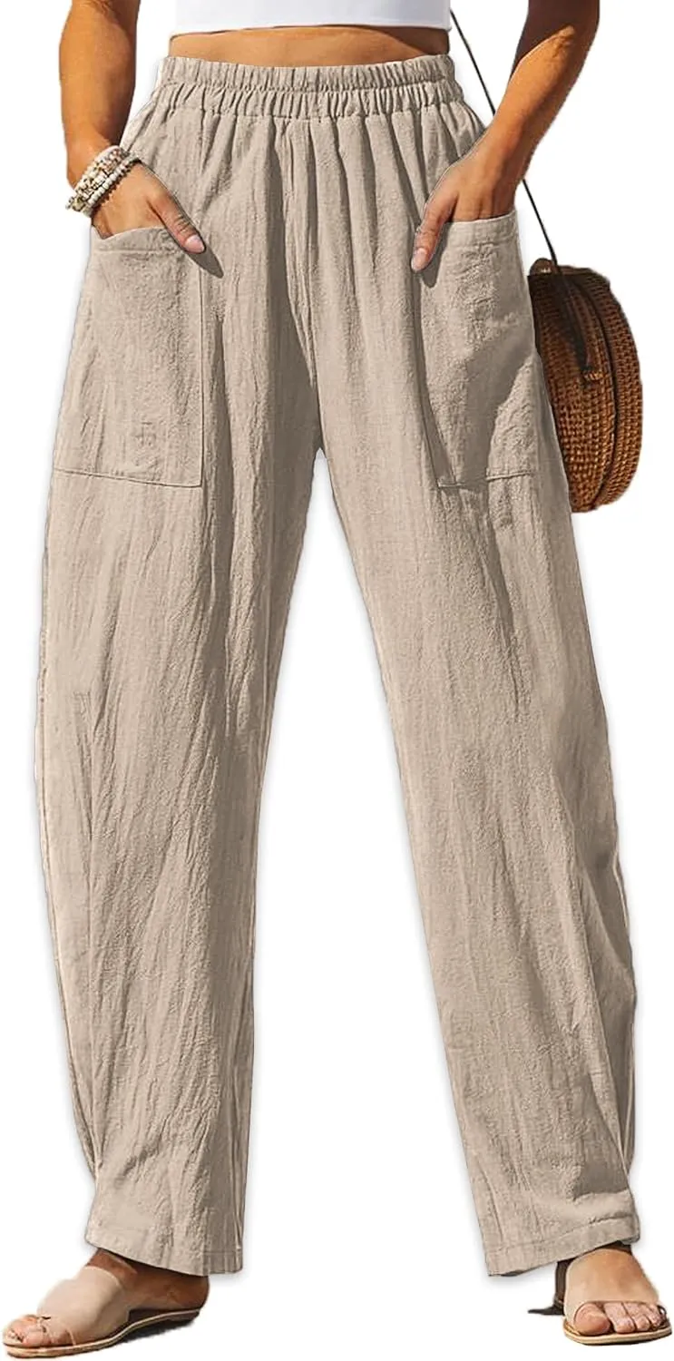 HVEPUO Womens Elastic High Waist Summer Wide Leg Pants Baggy Cotton Casual Palazzo Trousers Pull On Barrel Pants with Pockets