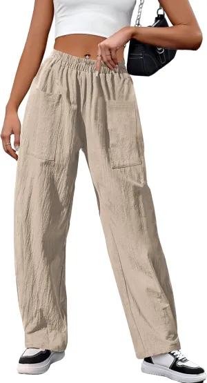HVEPUO Womens Elastic High Waist Summer Wide Leg Pants Baggy Cotton Casual Palazzo Trousers Pull On Barrel Pants with Pockets