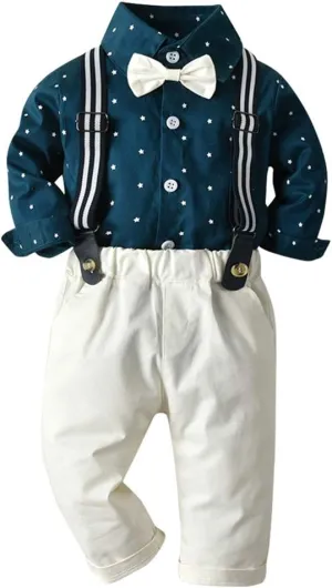 IDOPIP Toddler Kids Baby Boys 1st Christmas Outfit Gentleman Striped Shirt with Bowtie  Long Suspender Pants Overalls Clothes