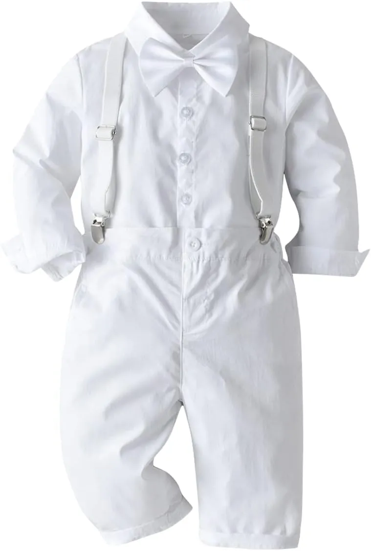 IDOPIP Toddler Kids Baby Boys 1st Christmas Outfit Gentleman Striped Shirt with Bowtie  Long Suspender Pants Overalls Clothes