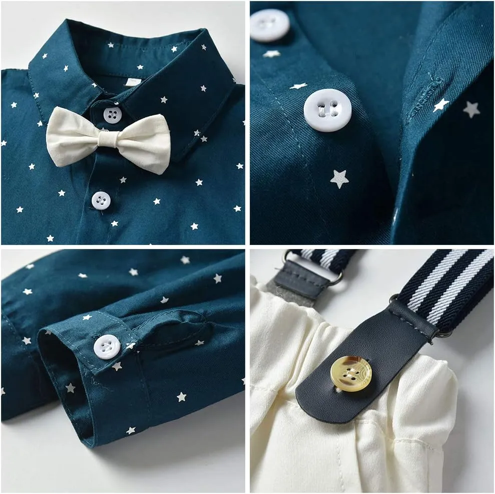 IDOPIP Toddler Kids Baby Boys 1st Christmas Outfit Gentleman Striped Shirt with Bowtie  Long Suspender Pants Overalls Clothes