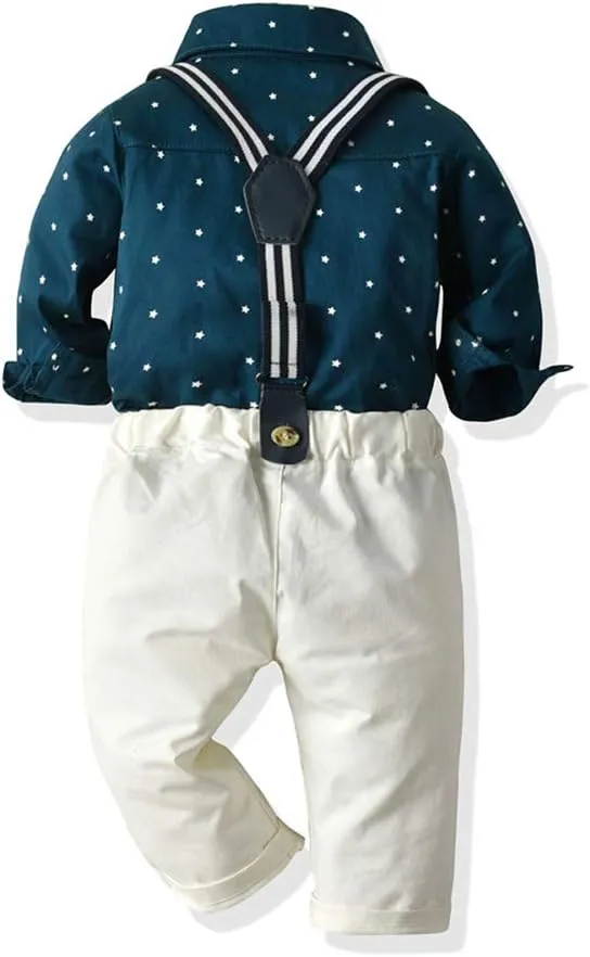 IDOPIP Toddler Kids Baby Boys 1st Christmas Outfit Gentleman Striped Shirt with Bowtie  Long Suspender Pants Overalls Clothes