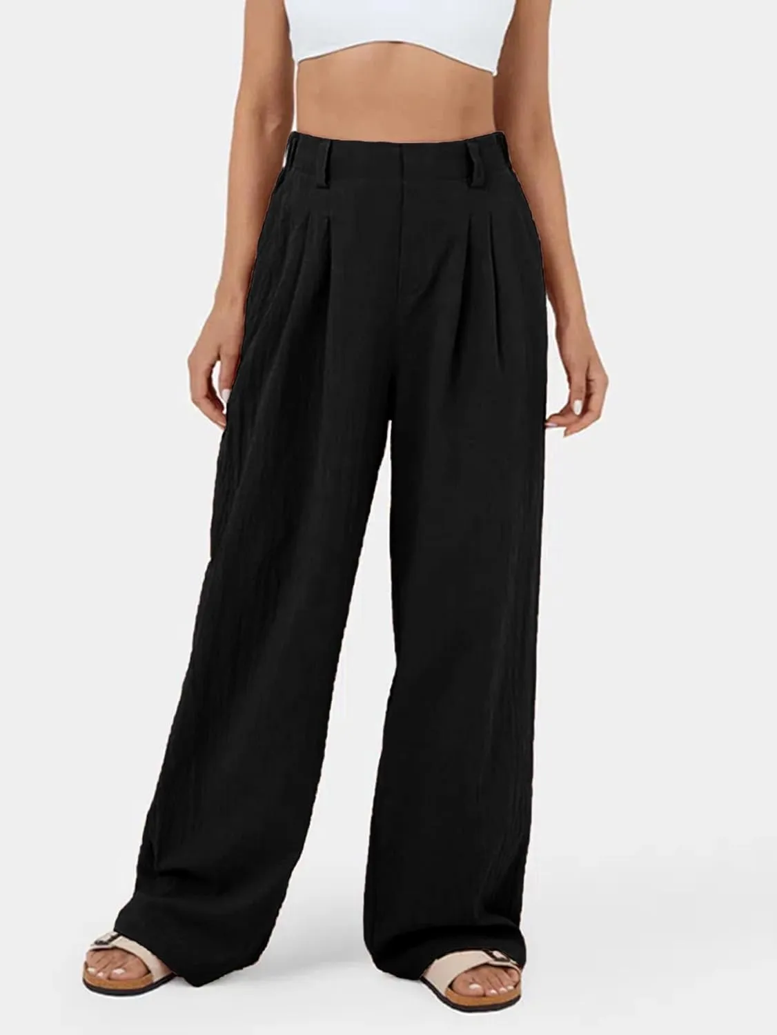 IFFEI Womens Linen Pants Casual Loose Wide Leg High Waist Button Up Pants Trousers with Pockets